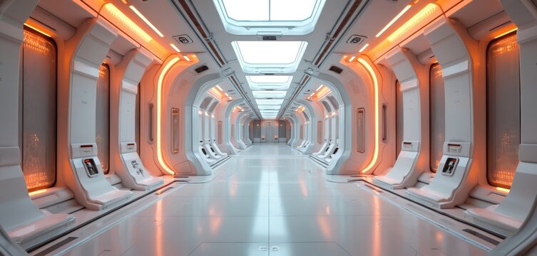 Modern futuristic white sleek corridor glows with warm orange, cool blue light. Clean sci fi spaceship interior offers pristine lab background. Shiny hall ergonomic seats on walls. Advanced tech