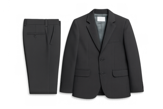 Dark grey men's business suit, jacket and trousers, formal wear for professionals, isolated with transparent background