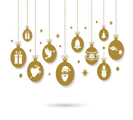 Illustration of golden christmas balls hanging on strings, festive ornaments with santa claus, gift, heart, bell, dove, snowman and star icons