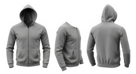 Gray hooded sweatshirt and zip-up jacket blank mockup isolated on transparent background