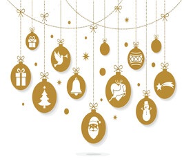 Illustration of golden christmas balls hanging on strings, festive ornaments with santa claus, gift, heart, bell, dove, snowman and star icons