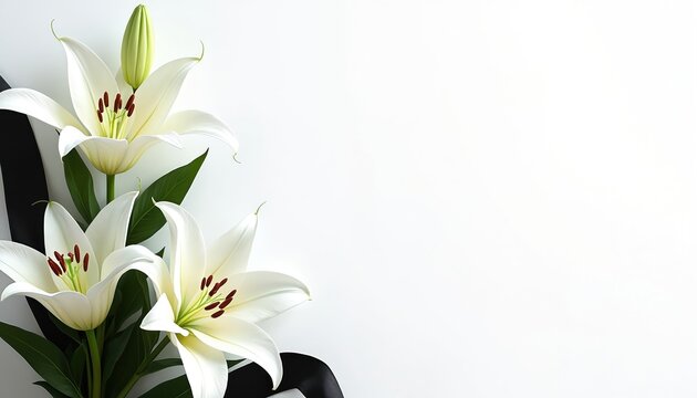 White lilies with black ribbon arrangement. Peaceful floral design for funeral announcements or memorial tributes. Space for text and messages.