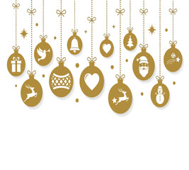 Illustration of golden christmas balls hanging on strings, festive ornaments with santa claus, gift, heart, bell, dove, snowman and star icons