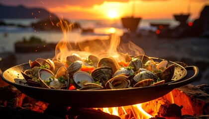 Clams and veggies sizzle in a pan on an open fire, against a beach sunset. Warm tones dominate
