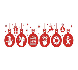 Illustration of a festive arrangement of red christmas ornaments hanging from above, each adorned with unique holiday symbols