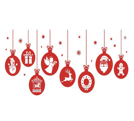 Illustration of a festive arrangement of red christmas ornaments hanging from above, each adorned with unique holiday symbols