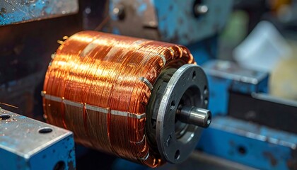 Coiled copper winding on a motor part on aged blue machinery