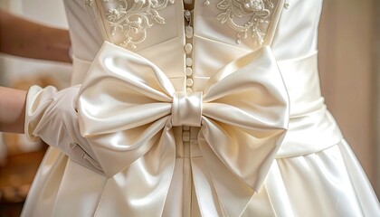 Creamy satin dress detail with bow tied, buttons visible, and hand adjusting it on a blurred background