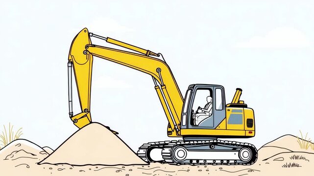 Excavator working on construction site, cartoon illustration style. A man on an excavator digs the ground, preparatory work, road repair, industry