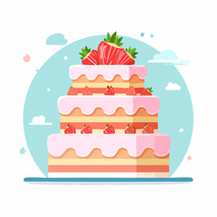 Three-tiered strawberry cake with pink frosting and fresh fruit in a whimsical flat illustration style.