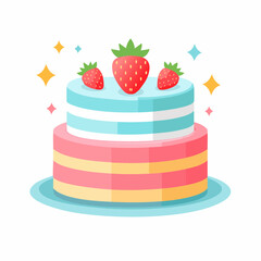 A two-tiered cake with blue and pink frosting, decorated with three strawberries, and sparkles.