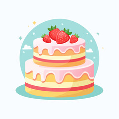 Illustration of a two-tiered cake with pink frosting and strawberries on top.