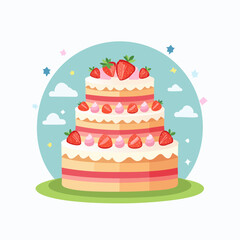 A cute cartoon illustration of a three-tiered strawberry shortcake for a celebration.