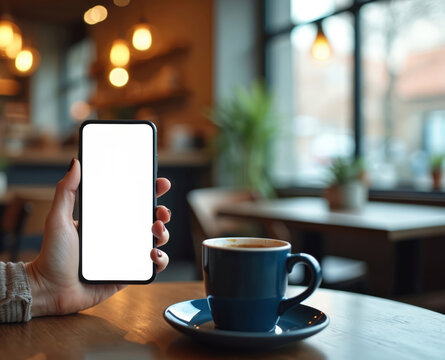 Woman holds mobile phone with blank screen in a cafe. The phone is near a cup of coffee on a wooden table. Mockup for advertising your app or website.