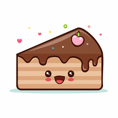 A cute cartoon slice of chocolate cake with a happy face, pink heart cherry, and colorful sprinkles on top.