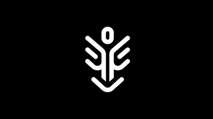 Abstract modern line art symbol depicting a stylized human figure or plant, signifying growth, connection, and harmony on a black background.