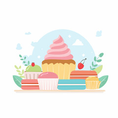 Illustration of a cupcake, macarons, and other desserts on a shelf.