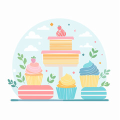 A delightful flat design illustration of a dessert table featuring a tiered cake, colorful cupcakes, and macarons.