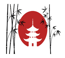 Illustration of a serene japanese landscape featuring a white pagoda silhouetted against a vibrant red sun, framed by elegant bamboo stalks