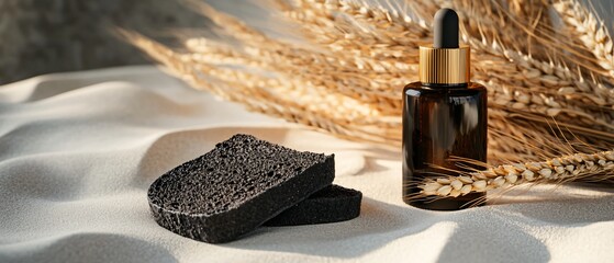 Rustic sliced black bread and wheat ear on stone