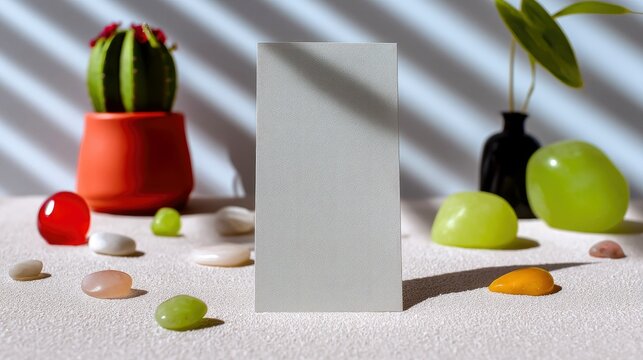 A minimalist still life composition featuring a potted cactus, various colorful glass stones and pebbles, and a small black vase with a green leaf, arranged on - Powered by Adobe