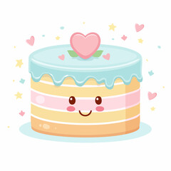 A cute kawaii cartoon cake with pastel layers, blue frosting, a pink heart, and a smiling face, surrounded by stars and hearts.