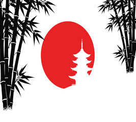 Illustration of a serene japanese landscape featuring a white pagoda silhouetted against a vibrant red sun, framed by elegant bamboo stalks
