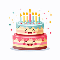 Cute cartoon two-tier birthday cake with lit candles and happy smiling faces, surrounded by colorful confetti.