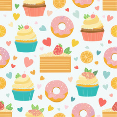 Colorful and delicious pattern featuring cupcakes, donuts, cake slices, hearts, and orange slices.