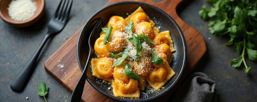 Bowl of italian ravioli pasta with cheese and basil. Delicious gourmet meal served on dark table. Traditional italian cuisine dish with sauce. - Powered by Adobe