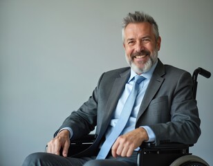 Smiling middle-aged man in wheelchair wears grey suit and tie. He is successful executive or businessman in office setting. Image conveys confidence and professionalism. Mature, dignified person.