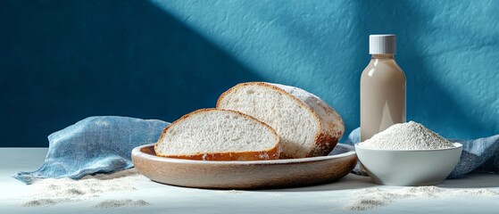 Rustic bread slices and flour on plate
