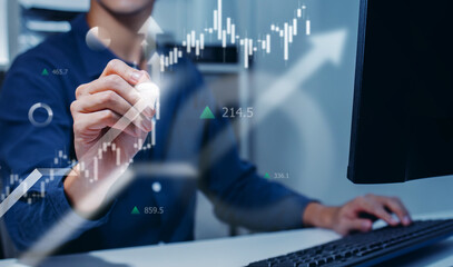 Financial Businessman Analyzing Stock Market Data and Trading Charts on Digital Tablet with Stylus, Concept of Investment Growth Strategy, Global Business Success, and Future Fintech Technology.