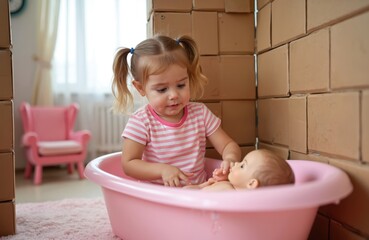 Young girl with pigtails bathes baby doll in pink tub. Plays caring for toy. Child sits on soft carpet near cardboard box fort wall. Little girl enjoys motherhood game indoors at home with joy.