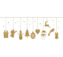 Illustration of golden christmas ornaments hanging on strings for christmas decoration gift, angel, snowman, tree, heart, santa claus, reindeer