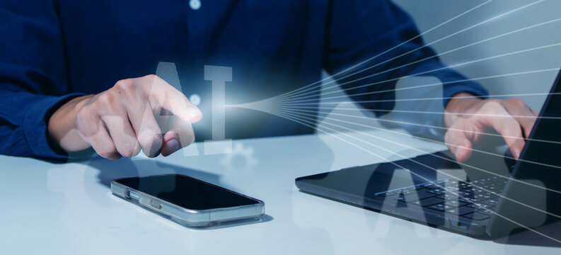 Man Touching Virtual Artificial Intelligence, AI Interface for Business Technology Integration, Digital Innovation, and Future Solution of Data Management, Connection Between Human and Machine Systems - Powered by Adobe