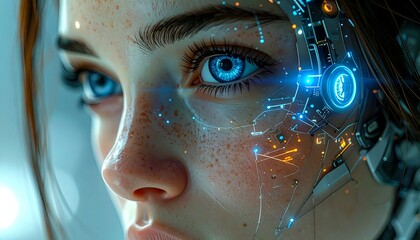 Artificial intelligence and human emotion blend in futuristic cybernetic portrait of a young woman
