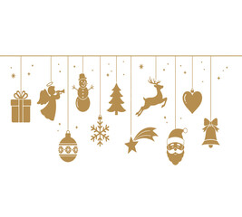 Illustration of golden christmas ornaments hanging on strings for christmas decoration gift, angel, snowman, tree, heart, santa claus, reindeer