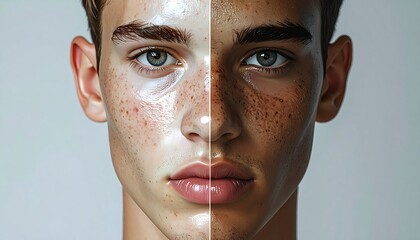 Close-up portrait of a young man showcasing natural skin texture and freckles under soft lighting