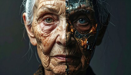 Elderly woman with one side showing human features and other side as a futuristic cyborg, blending age and technology artistically