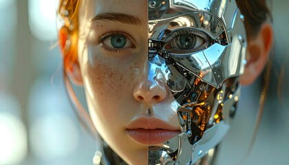 Futuristic half-human, half-robot face representing the blend of technology and humanity in a modern setting
