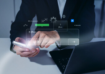 Businessman Using AI Assistant Chatbot on Smartphone for Messaging and Text Generation, Concept of Future Corporate Communication, Prompt, Digital and Artificial Intelligence, AI Technology Solutions.