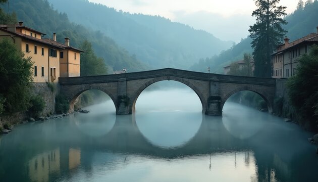 Stone bridge arches over misty river in Italian town at dawn. Buildings line riverbank, mountains rise behind rich green trees. Calm water reflects bridge and sky.