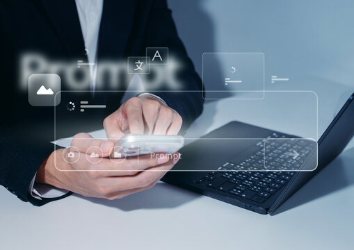 Generative Artificial Intelligence, AI Image Creation and Prompt Interface on Digital Mobile Phone, Businessman using AI Generate images on smartphone, writing ai prompt, translate and LLM Technology.