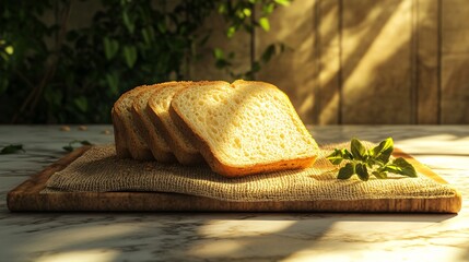 Freshly Sliced Bread on Burlap and Marble