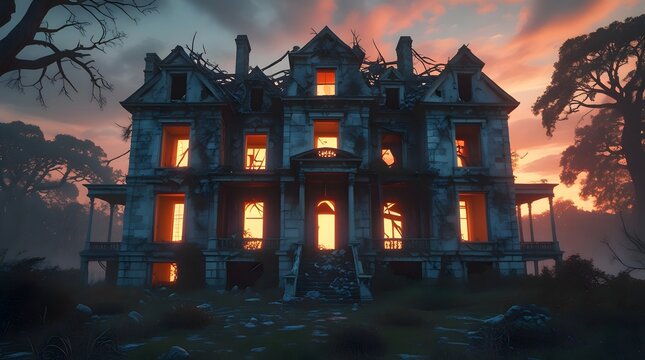 Ominously dilapidated and abandoned mansion with crumbling stone walls, overgrown gardens, and shattered window panes, set against a dramatic dusk sky with warm orange and pink hues, illuminated inter