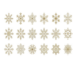 Illustration of elegant golden snowflakes a set of twenty unique designs for winter holidays, christmas, and new year celebrations