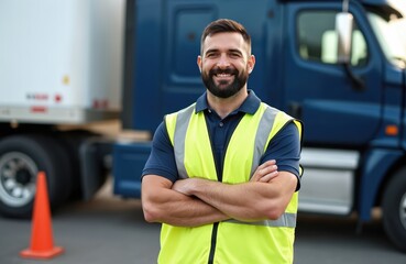 Smiling bearded man in high visibility vest stands with arms crossed. Pro truck driver trainer near blue semi truck, white trailer. Confident worker in logistics, transport career development at