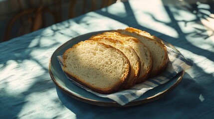 Freshly Sliced Bread Platter on Blue Table