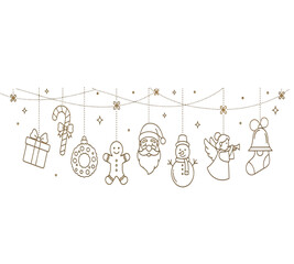 Illustration of golden christmas decoration garland with gift, candy cane, bauble, gingerbread man, santa claus, snowman, angel, bell and sock ornaments